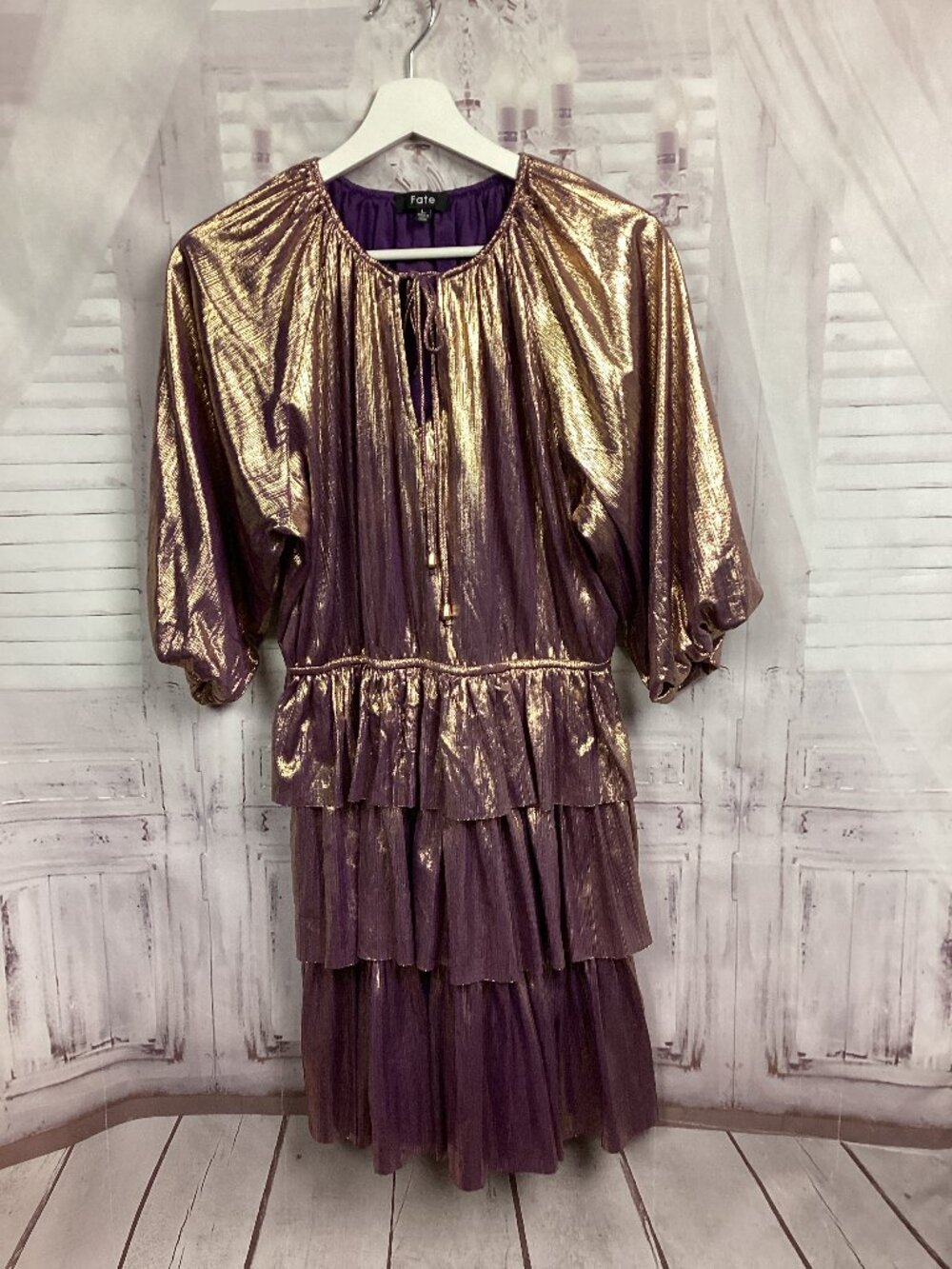 FATE Gold Lame’ Metallic Dress Tiered Ruffle Skirt L